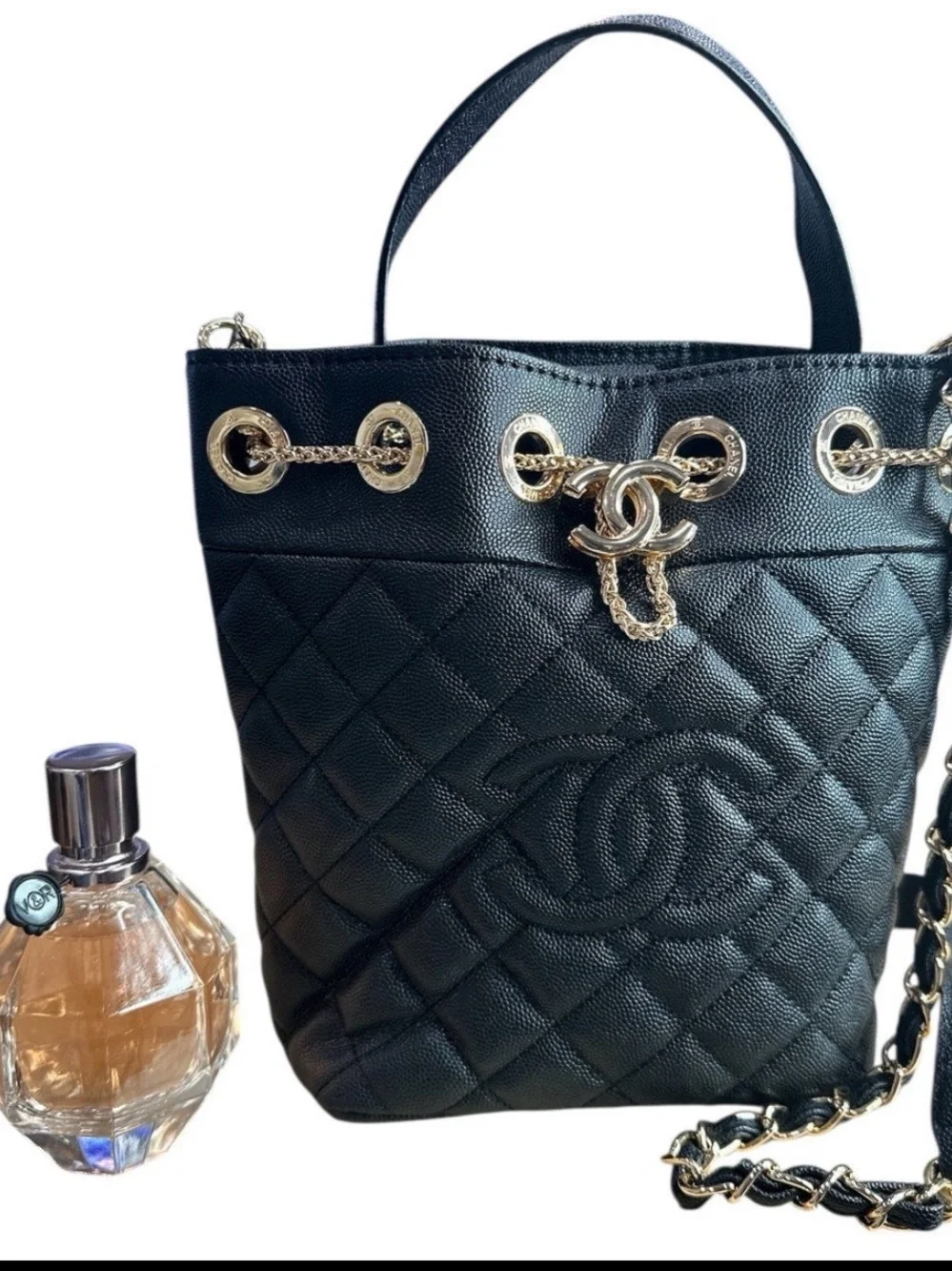 GWP CHANEL Black Quilted Drawstring Shoulder Bag with Gold Hardware